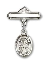 Sterling Silver Baby Badge with St. Matthew the Apostle Charm and Polished Badge Pin