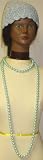 Two One Strand Light Blue Simulated Pearl Very Long Chain and Short Chain Necklace with Earrings Offered with Hand Crocheted Blue Chenille and Gimp Tweed Skull Cap