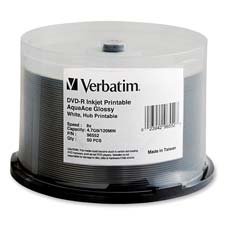 Verbatim 96552 AquaAce 4.7GB 8X Inkjet Printable and Hub Printable DVD-R 50pk Spindle, Glossy White.