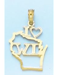 14k Gold Travel Necklace Charm Pendant, Wisconsin State I ""heart"" Cut