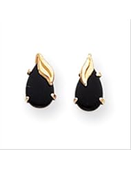 MadiK® Kids 14k Yellow Gold Prong Set Pear Shaped Onyx w/Leaf Earrings