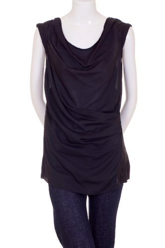 Do & Be Left Side Pleat Sleeveless Contrast Fabric Pull Over Blouse Black