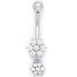 Solid 14k White Gold Cubic Zirconia Dangle Flower Belly Ring