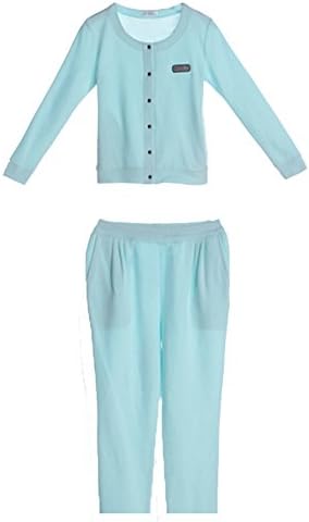 Miyang Women's Summer Cotton Solid Color Home Wear Pajama Set-Long Pjs(1408 Blue L)
