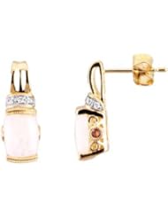 Pair .05 CT TW 14K Yellow Gold Cabochon Genuine Opal, Pink Tourmaline & Diamond Earrings