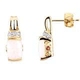Pair .05 CT TW 14K Yellow Gold Cabochon Genuine Opal, Pink Tourmaline & Diamond Earrings