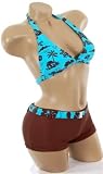 Sexy Bathing Suit Blue Hawaiian Tropical Print Halter Top Bikini Brown Boyshorts 2 pc Swimsuit