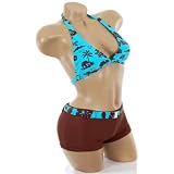 Sexy Bathing Suit Blue Hawaiian Tropical Print Halter Top Bikini Brown Boyshorts 2 pc Swimsuit