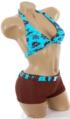 Sexy Bathing Suit Blue Hawaiian Tropical Print Halter Top Bikini Brown Boyshorts 2 pc Swimsuit