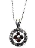 Sterling Silver Marcasite Genuine Garnet Flower Pendant