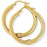Image of 9ct Hoop Earrings with Polished and Textured Finish. Beautiful presentation gift box and anonymous outer packaging. Money back if not 100% delighted