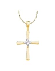 14k Yellow Gold Natural Round Diamond Cluster Womens Childs Girls Christian Roman Cross Dainty Small Fashion Pendant - (1/20) .05 Ct.t.w.