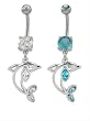 DOLPHIN BELLY RING WITH GEM FINS BNADP22AQ- AQUA