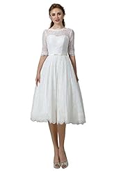 A-line Tea Length Lace Elbow Length Sleeves  Dress With a Ribbon 