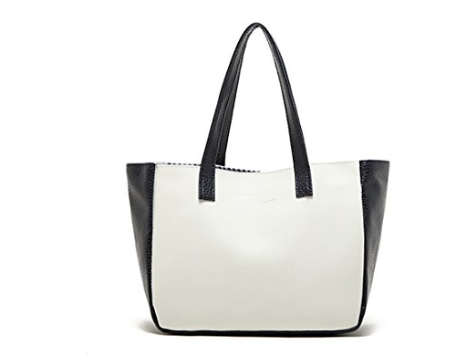 Caixia Women's Faux Leather Black White Splicing Tote Bag Small Size