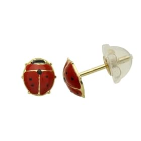 14K Gold Stud Earring CZ Enamel Lady Bug Yellow Gold Earring With Silicon Back For Kids & Teens