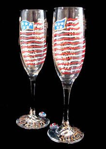 America's Flag Design - Hand Painted - Matching Set of Toasting Flutes - 6 oz.