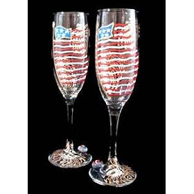 America's Flag Design - Hand Painted - Matching Set of Toasting Flutes - 6 oz. by 