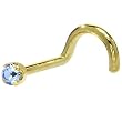 Solid 14KT Yellow Gold 2mm Light Blue Cubic Zirconium Right Nostril Screw - 18 Gauge