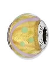 Sterling Silver Pink Lines/Green Dots Italian Murano Charm