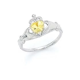 14k White Heart Citrine-Yellow Birthstone Claddagh Ring - Size 7.0