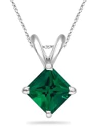 1.82 Cts of 7 mm AAA Princess Russian Lab Created Emerald Solitaire Pendant in 14K White Gold