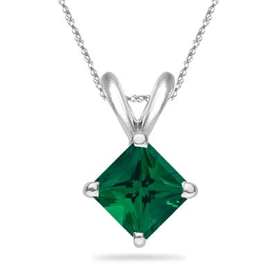 1.00 Ct of 5 mm AAA Princess Russian Lab Created Emerald Solitaire Pendant in 14K White Gold