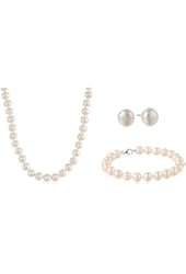 Sterling Silver White Freshwater Cultured Pearl Necklace, Bracelet and Earrings Jewelry Set (7-8mm)