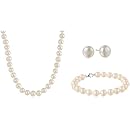 Sterling Silver White Freshwater Cultured Pearl Necklace, Bracelet and Earrings Jewelry Set (7-8mm)