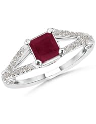 Split Shank Round Diamond and Square Ruby Ring- 0.8 ct TGW