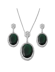 Sterling Silver Oval Emerald Earrings and Necklace Jewelry Set with Clear CZ