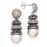 SILVER W/BLACK /WHITE CZ & FAUX PEARL EARRINGS