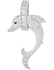 14k White Gold, Dolphin Pendant Charm Brooch Pin Combination with Lab Created Gems