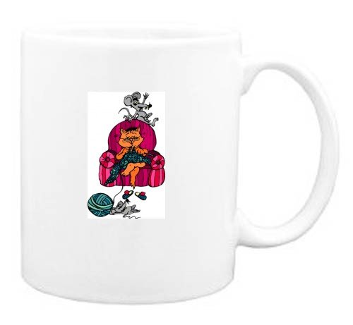 Mug with friend, chair, cat, mouse, knitting