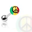 316L Surgical Steel Barbells with UV Rasta Colored Ball w/ Peace Sign Print - 14G, 5/8" Length - Sold as a Pair