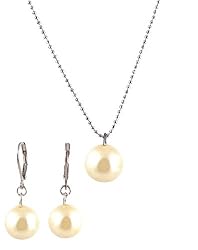 Necklace - Earrings Set - N501 - Glass Pearl Drop (10 mm) hung on 1 mm Ball Chain ~ Cream