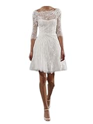 A-line Knee Length 2015 Sheer Pleated Lace  Long Sleeves Wedding Dress  With Ruffles