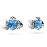 14K White Gold Heart Genuine Blue Topaz Celtic Claddagh Earrings