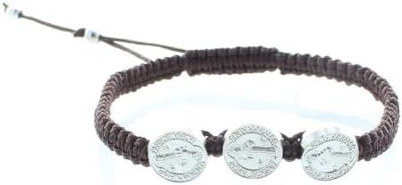 Men or Women's Catholic &amp; Religious Brown St. Benedict Medal Adjustable Cord Bracelet with 3 Medals. Catholic Saint Benedict Patron Saint of Kidney Disease, Poison Sufferers, Students, Poisoning, School Children, Homeless, Monks.