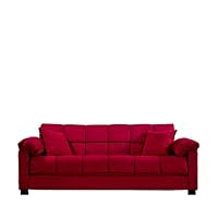 Handy Living CAC4-S1-AAA47 050 Living Room Convert-A-Couch Microfiber Sleeper Sofa With Pillow Top Arms, Crimson With 2 Decorative Decorative Throw Pillows