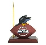 Seattle Seahawks Desk Clock & Pen Set Features A Wooden Base With A Pen And Pen Holder