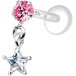 Silver 925 Pink Round Star Dangling CZ Tragus Earring