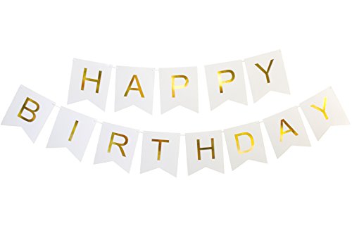 Keira Prince Happy Birthday Banner, Chic White and Gold Party Decorations, Versatile, Beautiful, Swallowtail Bunting Flag garland