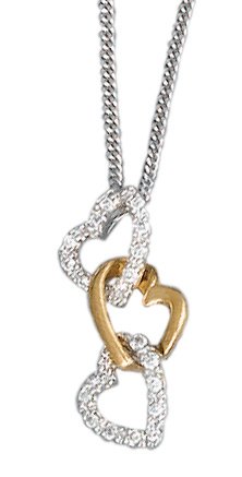 14K Two-Tone, Triple Heart in Heart Hand-Crafted Designer Pendant, Enhanced with Pave Set Diamonds, Sliding on a 16'' Cable Chain Necklace.(GH-Color, SI-Clarity, c.t.t.w. 0.13CT).