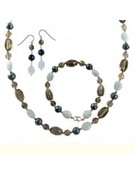 18" necklace,7.5" bracelet, and shephards hook drop earring sterling silver set. Set is with smokey quartz, aquamarine, and 7.5-8mm freshwater cultured pearls dyed blue.
