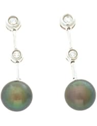 0.14CTW 14K White Gold Genuine Black Pearl and Diamond Dangling Earrings