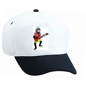 White Cap with chimpanzee, instrument, monkey, musical, ape, playing, pet, animal, guitar, electric