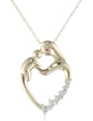XPY 10k Yellow Gold Mother and Child Heart-Shaped Diamond Pendant (1/8 cttw, J Color, I2 Clarity)
