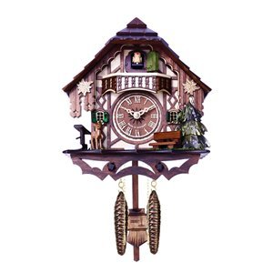River city clocks musical cuckoo clock cottage with deer, water pump, and tree, 10-inch tall