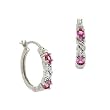 Sterling Silver .925 Created Pink Sapphire Genuine Diamond Accent Stone Oval X Shape Pattern Hoop Earrings